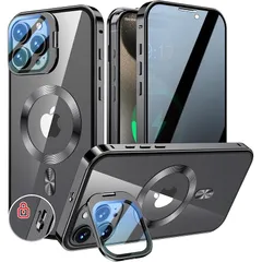 KELLCASE【カメラレンズ保護・スタンド+覗き見防止+MagSafe対応 】iPhone 16 Pro Max 用 ケース 全面保護 隠しスタンド付き ロック付き 両面 マグネット式 アイフォン16プロマックス カバー ストラップホール付き透明背面 メ 1
