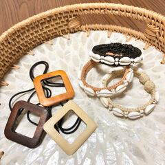 【3+3点】お揃いエスニックアクセサリーまとめ売り 貝殻バングルウッドヘアゴム海