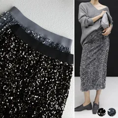 スパンコール スカート レディース 韓国 タイトスカート ストレート スリット ミモレ丈 ハイウエスト ウエストゴム 光沢 モード モノトーン エレガント カジュアル ベルベット 秋 冬 韓国ファッション おしゃれ 黒 グレー