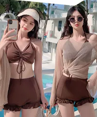 【タグ付新品未使用】[seu23swim008ブラウン]  シースルートップス付き3点セット水着 ビーチウェア スイムウェア プール 日焼け対策 韓国ファッション SEU