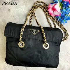 【格安】  PRADA プラダ ショルダーバッグ トートバッグ ゴールドチェーン キルティング 三角ロゴ ゴールドチェーン トライアングル ロゴ型押し ゴールド金具 総柄  テスートナイロン 肩掛け レディース ブラック 黒色