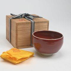 中国古玩 辰砂茶碗 木箱付 口径14.3㎝ 東Y7-1223①タニト 真右ェ門窯