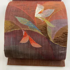 袋帯 名品 落款 建物 樹木 螺鈿 箔 鶯色 お太鼓柄 正絹 【中古】
