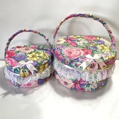 花柄収納ボックス 小物入れ ２個セット 裁縫箱 お道具箱　(管理番号：OKU9322/J1-80)