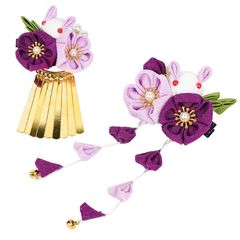 OTAKUMARKET 髪飾り 成人式 七五三 振袖 卒業式 花 和装 つまみ細工 袴 浴衣 着物 髪 飾り 髪留め 和柄 収納袋 ギフトポックス付き (パープル)