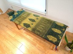 ペルシャ　ギャッベ ミニランナー　細長いラグ　122x43㎝　黄緑色　緑色　濃い緑色　糸杉　RJ15481