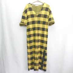 ◇ ZARA Trafaluc チェック柄 Vネック 半袖 ロング丈 ニットワンピース サイズEUR M マスタード ブラック レディース E  【1407180049598】