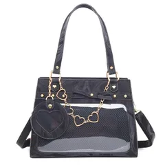 [ハルジオ] 痛バッグ ショルダー トート マーブル柄 かわいい 痛バ ミニ 推し活バッグ 小さめ トートバッグ ショルダーバッグ 2WAY 痛バック 可愛い いたばっく いたば 推し活 バッグ ぬいぐるみ 鞄 リボン 黒 白 銀色 ピンク 人気 [ブラック]