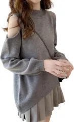 J-Scott 肩出しセーター ショルダーカット 長袖 ラウンドネック ニット ゆるシルエット パフスリーブ ヘルシーコーデ 大人リラクシー レディース(グレー,  L)