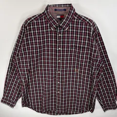古着 90's/90年代 トミーヒルフィガー TOMMY HILFIGER 長袖シャツ ボタンダウンシャツ ワンポイント ロゴ 刺繍 胸ポケ L  レッド系 チェック メンズ