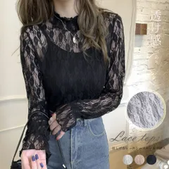 トップス ブラウス レース フリル シースルー 花柄 プチハイネック きれいめ