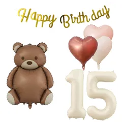【在庫セール】15歳 誕生日 バルーン 風船 飾り付け セット 数字バルーン 15 チョコレート熊 HAPPY BIRTHDAYガーランド ハート風船 バースデーバルーン 大人 男の子 女の子 ゴール