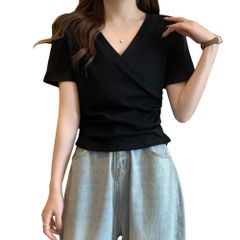 [YUUCDD] レディース Vネック Tシャツ 半袖 tシャツ カットソー トップス ストレッチ 無地 カジュアル おしゃれ
