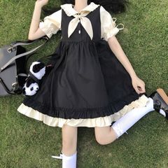 【新品】スウィートガーリー♡パフスリーブセーラーワンピース レディース 半袖 春 夏 ワンピース フリル セーラー襟 黒 ブラック 人気　B0437