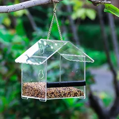 sac taske バードフィーダー 透明 野鳥 餌台 鳥 えさ入れ 給餌器 吊り下げ 巣箱 アクリル (家型 1個) [家型 1個]