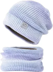 CUBATTY ニット帽 ネックウォーマー セット レディース 帽子 防寒 ニットキャップ 裏起毛 厚手 防寒保温( パープル,  58.0 cm)