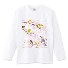 春桜 0642 メジロ ヒヨドリ スズメ お花見日和 ロング Tシャツ 長袖 白限定