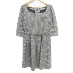 ダズリン dazzlin フレアワンピース ミニ丈 七分袖 スクエアネック 切替 リングベルト付き グレンチェック柄 M 白 黒 ホワイト ブラック /FF34