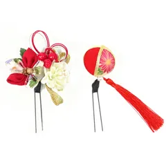 髪飾り 成人式 振袖 浴衣 袴 ２点セット 赤 白 つまみ細工 玉飾り 結婚式 入学式 入園式 卒園式 卒業式 七五三 753 ブライダル 前撮り 和装 日本製 花 かんざし フォーマル 簪 人気 花飾り 赤×白 W 28 323-261 u762　Si