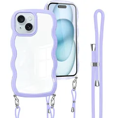 【特価】iPhone 15 用 ケース クリア ショルダー カバー 首掛け 肩がけ 斜めかけ 紐付き ストラップ付き iphone15ケース 韓国 可愛い かわいい 透明 薄型 軽量 耐衝撃 シリコン TPU バンパー アイフォン 15 スマホケース パープル