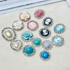 【特別価格】貼り付けビジューパーツ 15個セット ⭐︎ カメオ ターコイズ ラインストーン ローズ オーバル サークル ハート デコパーツ リボンセンターパーツのサムネイル
