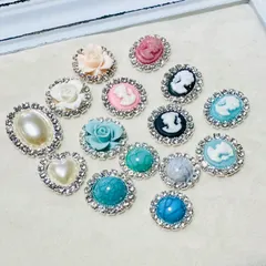 【特別価格】貼り付けビジューパーツ 15個セット ⭐︎ カメオ  ターコイズ ラインストーン ローズ オーバル サークル ハート デコパーツ リボンセンターパーツ