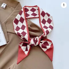 スカーフ リボン バッグスカーフ リボンスカーフ ボウタイ ヘアリボン おしゃれ 多機能 チェック柄 レッド キャラメル