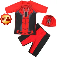 ✨新品✨ スパイダーマン 子供用水着 ラッシュガード 上下セット 帽子付き 男の子 スイムウェア キッズ UVカット 赤黒 半袖 プール 海水浴 温泉 L XL 2XL スイミング 100cm 110cm 120cm