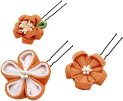 【かんざストア】つまみ細工 花 髪飾り かんざし ヘアアクセサリー コサージュ 髪留め ぶら飾り 縮緬 成人式 七五三 卒業式 結婚式 和装 袴 浴衣 振袖用 通販 (【オレンジ2】3個セット)