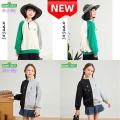 ✨新品✨ SESAME STREET セサミストリート キッズ スウェット 長袖 トレーナー 韓国子供服 バイカラー グリーン ストライプ キャラクター刺繍 おしゃれ 130 140 150 160サイズ クッキーモンスター
