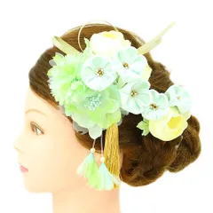 髪飾り 成人式 つまみ細工 振袖 前撮り 袴 花 2点セット 白 水色 黄緑 ちりめん 下がり 組紐 リボン パール かんざし 日本製 No.9-2948