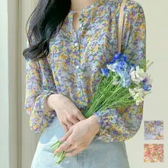 花柄シフォンブラウス 春 夏服 秋 韓国ファッション 10代 20代 30代 レディース きれいめ トップス 長袖 シャツ 通勤 オフィスカジュアルのサムネイル