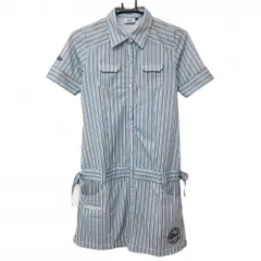 【超美品】フィラゴルフ 半袖ポロワンピース ライトブルー×グレー ストライプ調 裾ロゴ刺しゅう  レディース M ゴルフウェア FILA GOLF