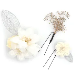 髪飾り 成人式 つまみ細工 振袖 前撮り 袴 3点セット 花 リボン 白 ゴールド レース パール リーフ カスミソウ 葉 ビーズ ライ No.12-0524