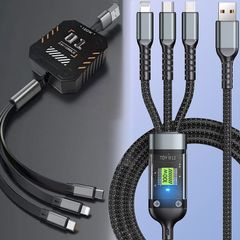 巻き取り式 収納型 2本 3in1 100W急速充電ケーブル 1.2M USB-TypeC.AndroidmicroUSB.iPhoneLightningケーブル QC/PD 複数対応 3台同時給電可能