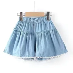 キッズ、ガールズ　レース付き薄手デニムキュロット　スカパン　短パン　ショートパンツ　[120-160サイズ]