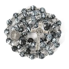 聖ベネディクト ロザリオ ブラックガラスビーズ 聖ベネディクト エナメルクロス NR ハート型 メダル カトリックネックレス 