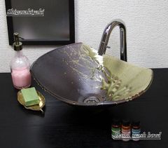信楽焼 手洗い鉢 洗面ボウル 陶器 幅42cm 大型サイズ 古信楽長角ソリ型手洗い鉢 tr-4110