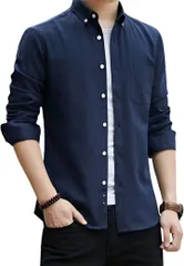 Four leaf シンプルxおしゃれ オックスフォードシャツ メンズ ボタンダウンシャツ 長袖 カジュアルシャツ 長袖シャツ ワイシャツ 無地 綿 コットン 60% 襟付き Yシャツ(ネイビー,  XL)