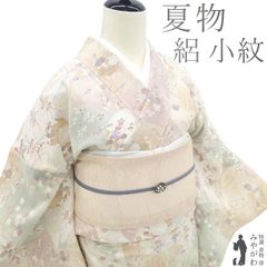 【新古品】 夏物 小紋 単衣 着物 未使用 絽 正絹 型染め 手染め 白ベージュ 四季の花 古典柄 夏 カジュアル 居敷当仕立て 夏着物 小紋 着物 仕立て上がり 身丈166 裄丈68.5 Ｌサイズ みやがわ sb15314