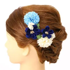 髪飾り 成人式 つまみ細工 振袖 前撮り 袴 浴衣 夏祭り 花火大会 豪華3点セット 青 水色 白 ちりめん ヘアアクセ かんざし ヘ No.9-4190