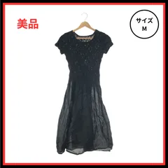 【美品】ワンピース ロングワンピース ドレスn半袖 ラウンドネック バルーンスリーブ 上部総レース 腰切り替え フレア レディース ブラック 9AR