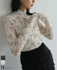 レイヤードの必需品。リボン柄シアートップス/トップス シアー リボン カットソー レディース ハイネック プルオーバー メロー 長袖 抜け感 インナー レイヤード[メール便