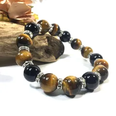 タイガーアイ&オニキス パワーストーン ブレスレット 12mm (シルバー) メンズ・レディース 男性・女性  数珠 虎目石　金運  □