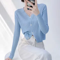 ☆ ライトブルー ☆ Mサイズ ☆ Vネックリブカーディガン クロップ丈 カーディガン レディース カーデガン カーデ Vネック リブカーディガン 羽織もの はおりもの おしゃれ シンプル 上品 きれいめ オフィスカジュアル 大人 ミセス 通勤 オフィス