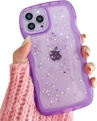透明 グリッター 軽量 可愛い 耐衝撃 韓国 滑り止め スマホケース おしゃれ ワイヤレス充電対応 ウェーブ ストラップホール付き カバー アイフォン TPU 14 ケース クリア 6.1インチ 14ケース 対応 iPhone - QLTYPRI パープル