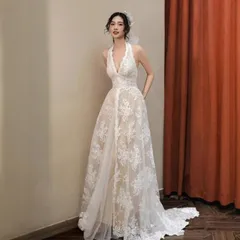 新品 未使用 2026新作 ホワイト レース ロングドレス ハルターネック ウェディングドレス 軽やか 森系 ナチュラル感 高級感 礼服 フォーマルドレス イブニングドレス 結婚式 二次会 前撮り パーティードレス 誕生日会 新婦 レディース