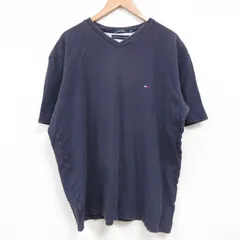XL/古着 トミーヒルフィガー 半袖 ブランド Tシャツ メンズ ワンポイントロゴ 大きいサイズ コットン Vネック 紺 ネイビー ストライプ 25ju