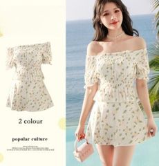 【韓国水着】オフショルダー　セパレート　花柄　水着　ウエスト　体系カバー　ズボン　パット　イエロー　ピンク