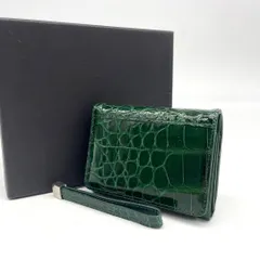 美品<!-利用不可文字-!>折財布 ミニウォレット コインケース クロコダイル シャイニング ストラップ グリーン